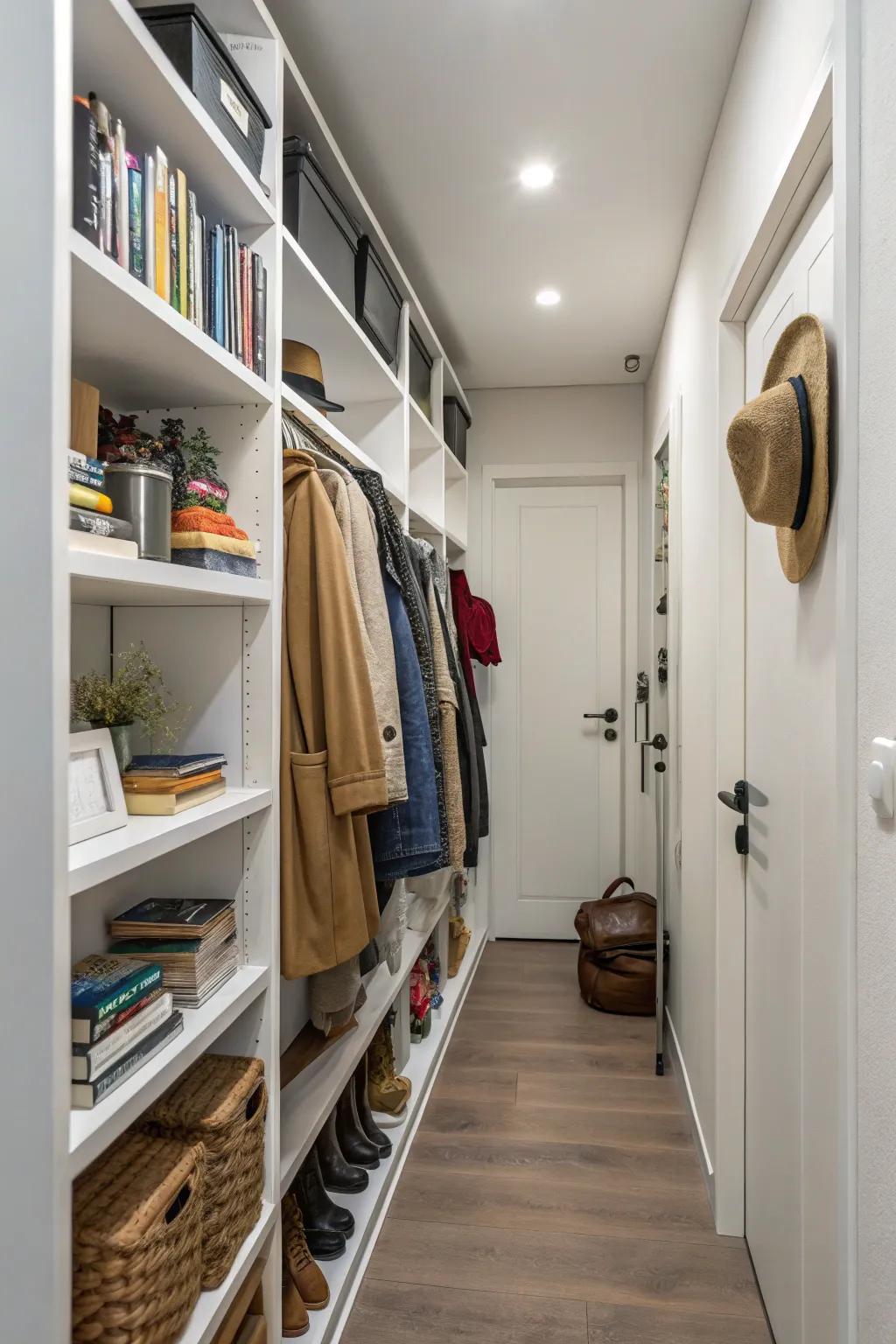 Going vertical is key to keeping your narrow hallway tidy and spacious.