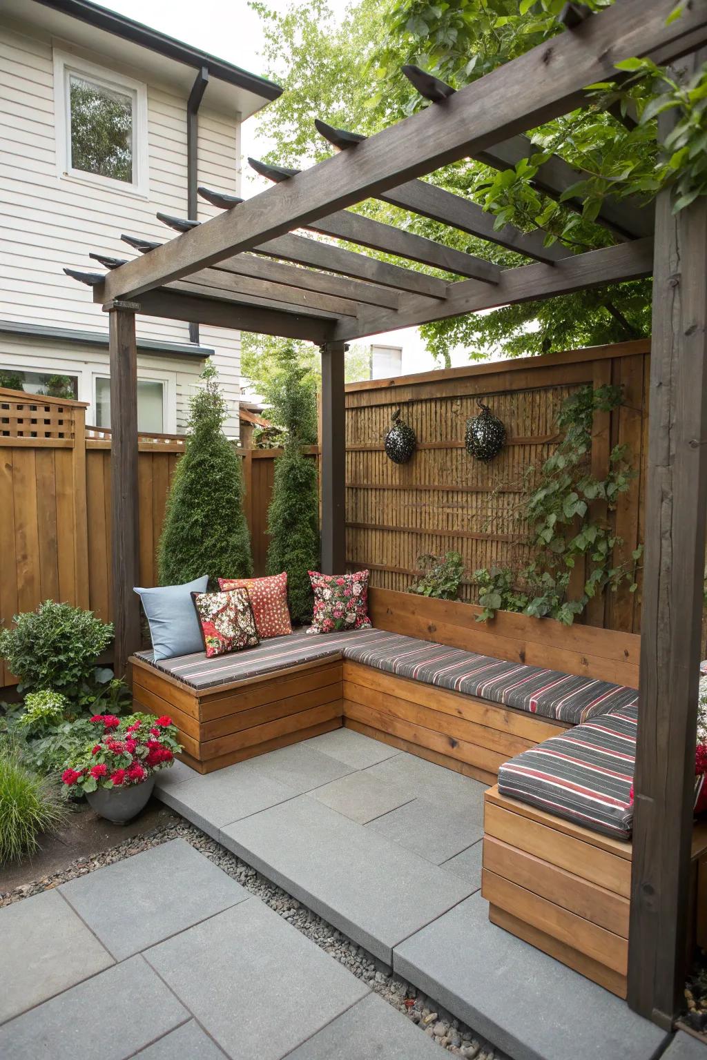 A streamlined framework, equipped with integrated seating, elegantly elevates a modest patio area.