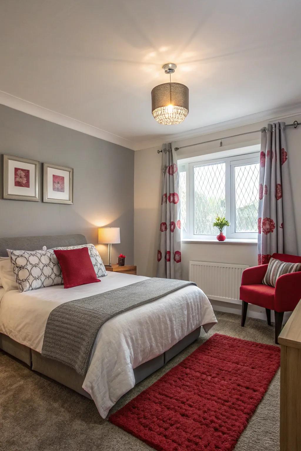 A snug bedroom featuring delicate charcoal walls enhanced by vibrant crimson highlights.