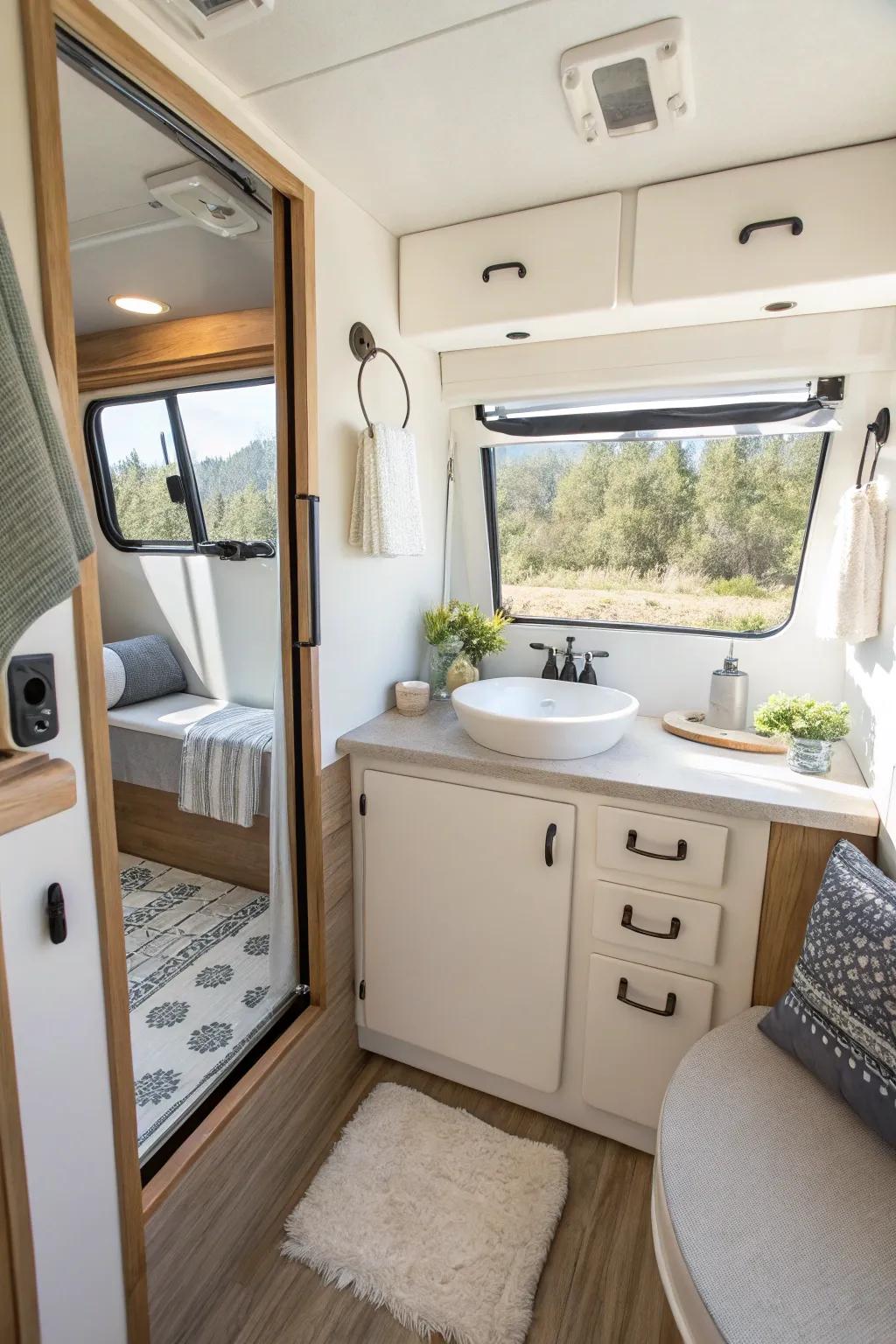 Free up space with a streamlined, wall-mounted vanity in your RV washroom.
