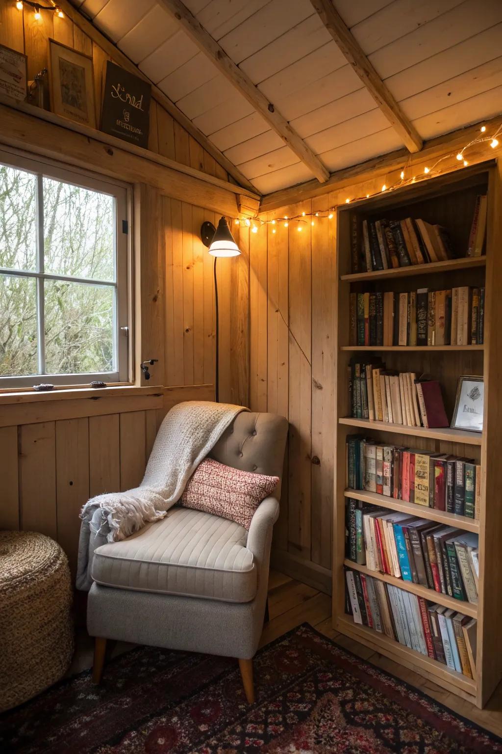 A charming reading corner inside a compact shed, excellent for those who love books.