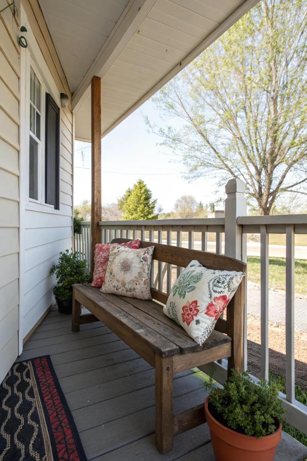 A small wooden bench adorned with decorative pillows on a side porch.