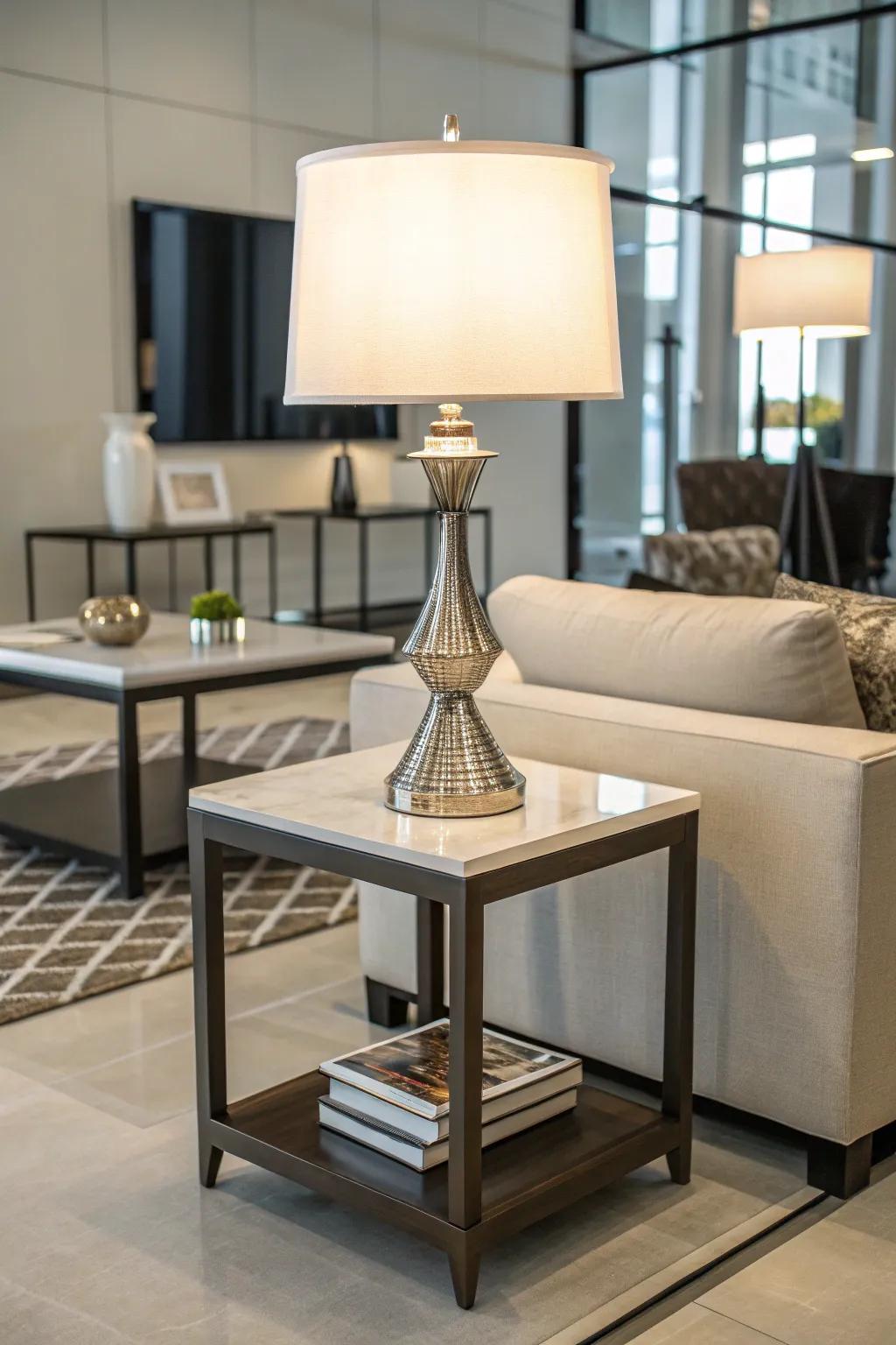 A stylish desk light beautifully complements a petite side table.