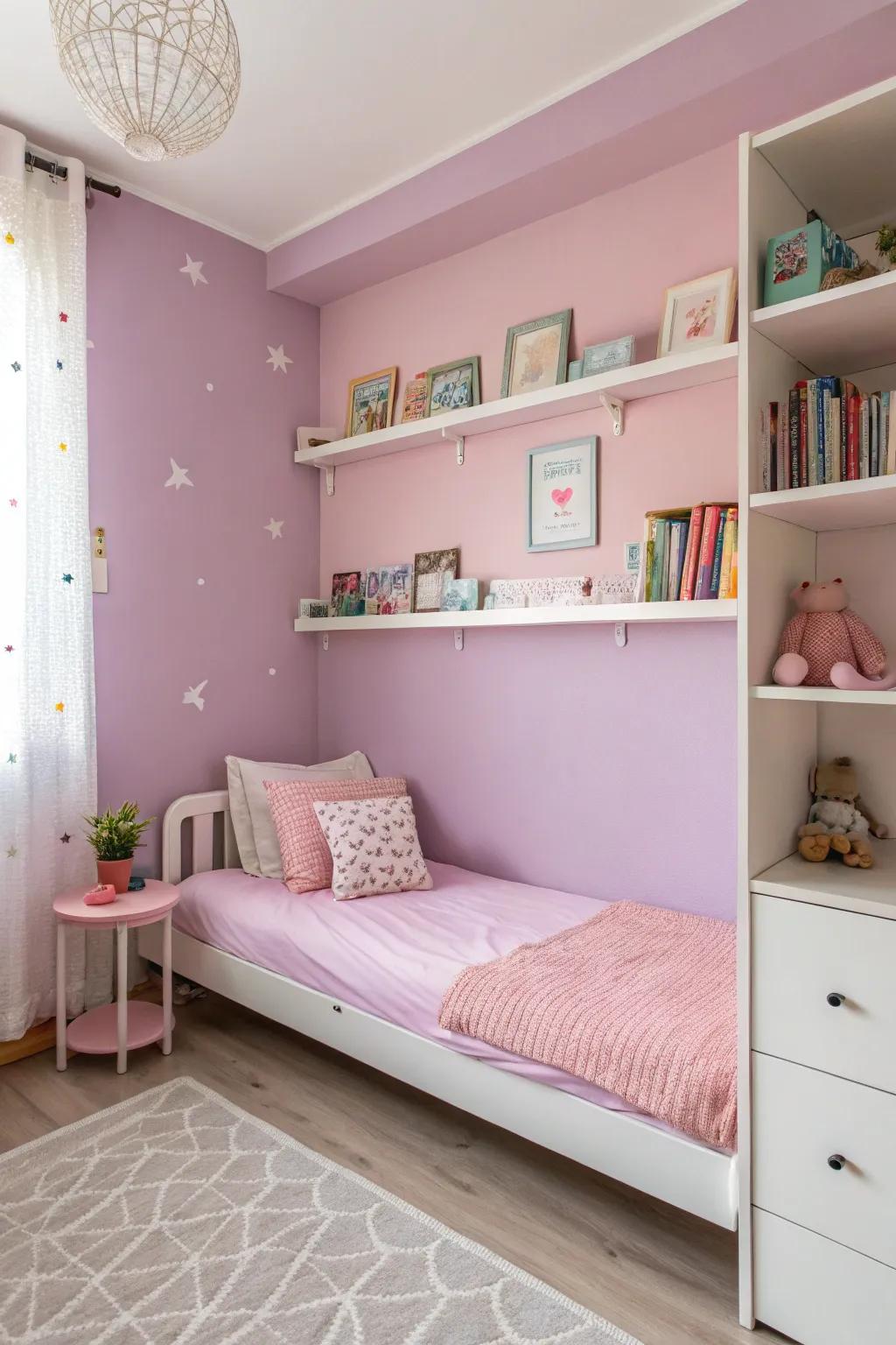 Walls in light rose and lilac shades evoke a soothing ambiance.