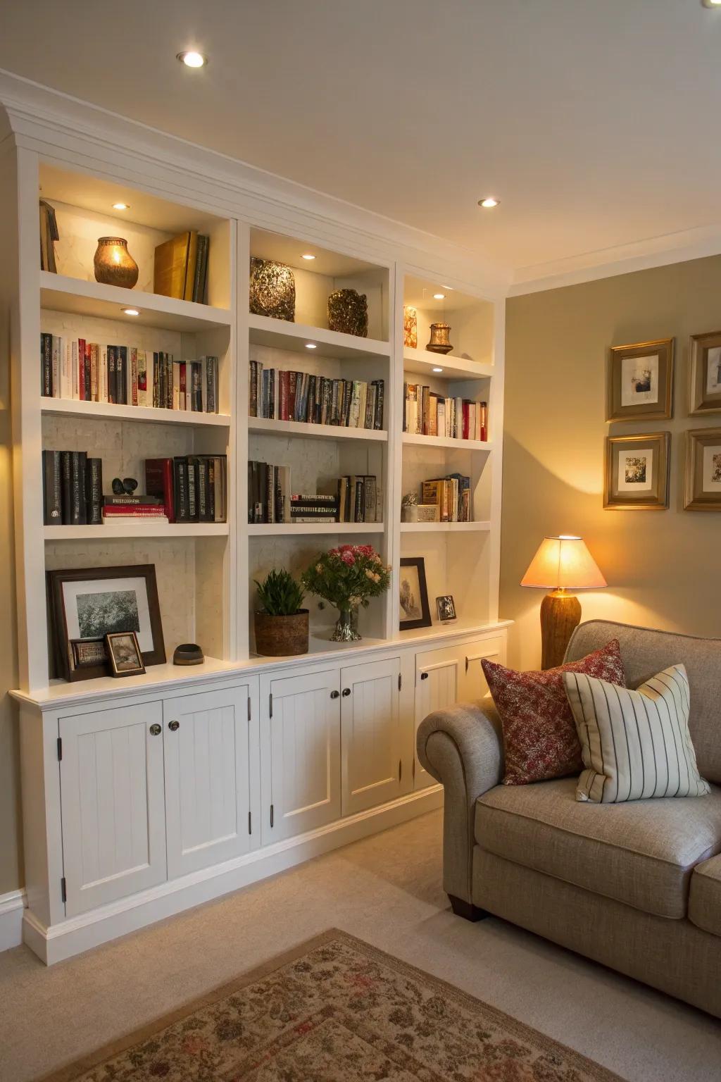 Integrated shelves beautifully maximize vertical space.