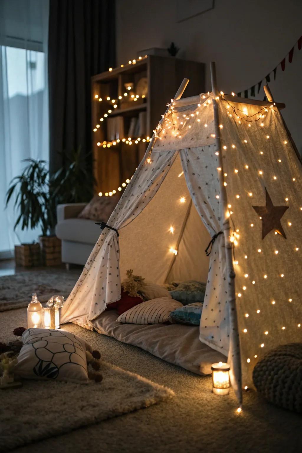 Charming glowing ropes lighting up a small indoor tent.