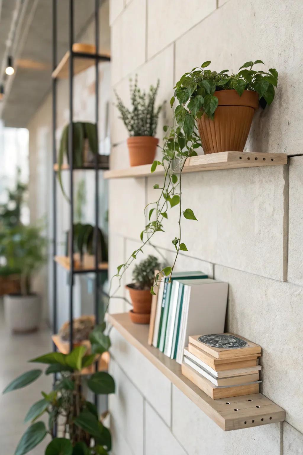 Streamlined shelves gracefully displaying plants and books.