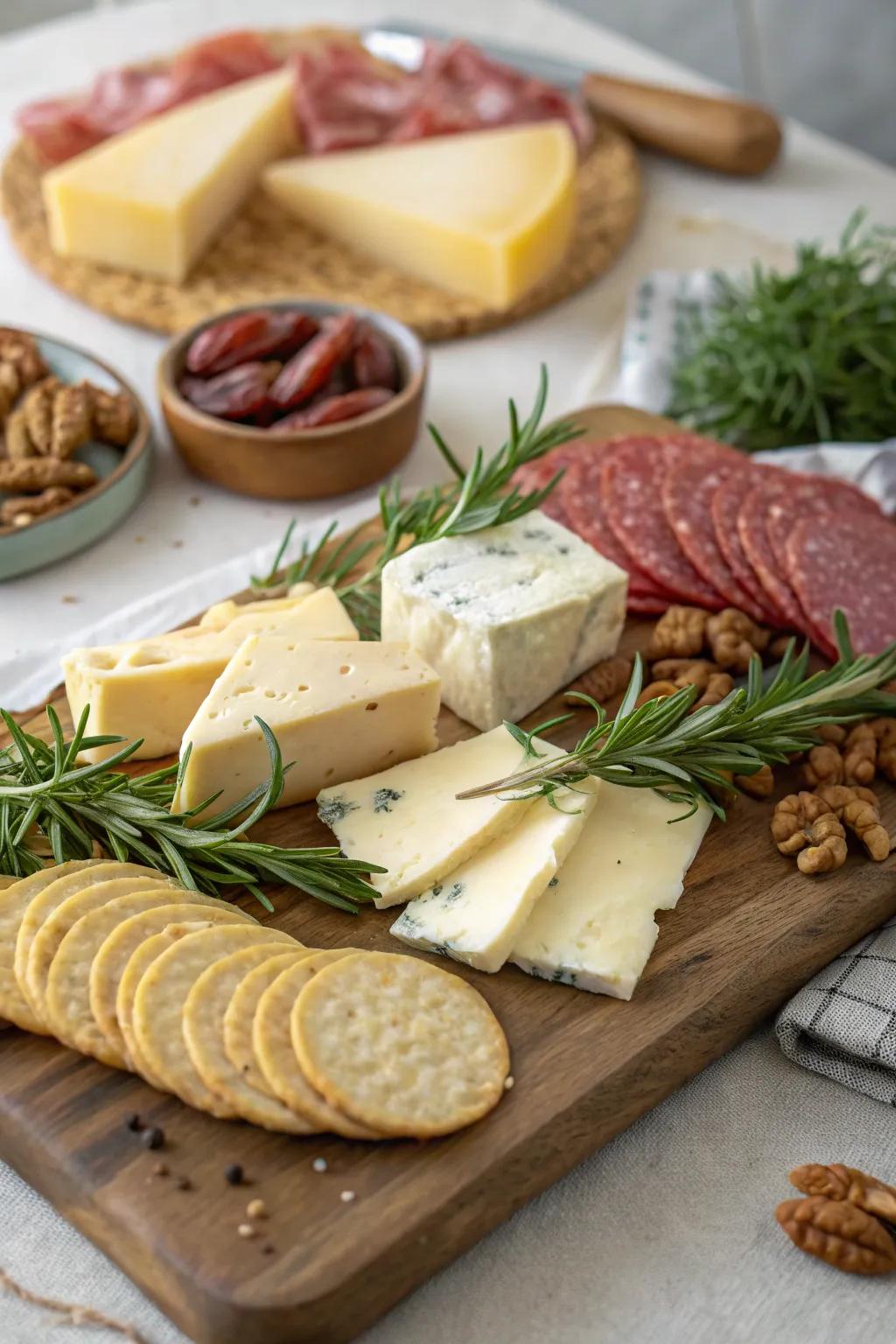 A classic arrangement of cheese and cured meats, perfect for communal enjoyment.