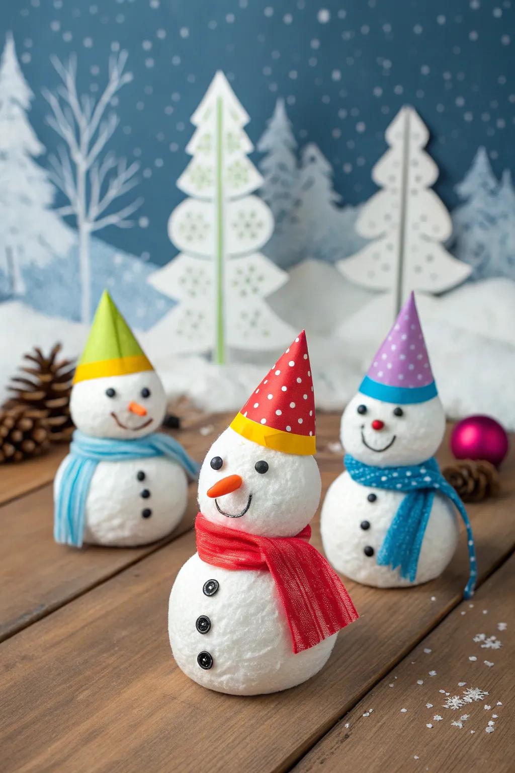 Charming fluffy cloud snow figures, ready to be showcased.