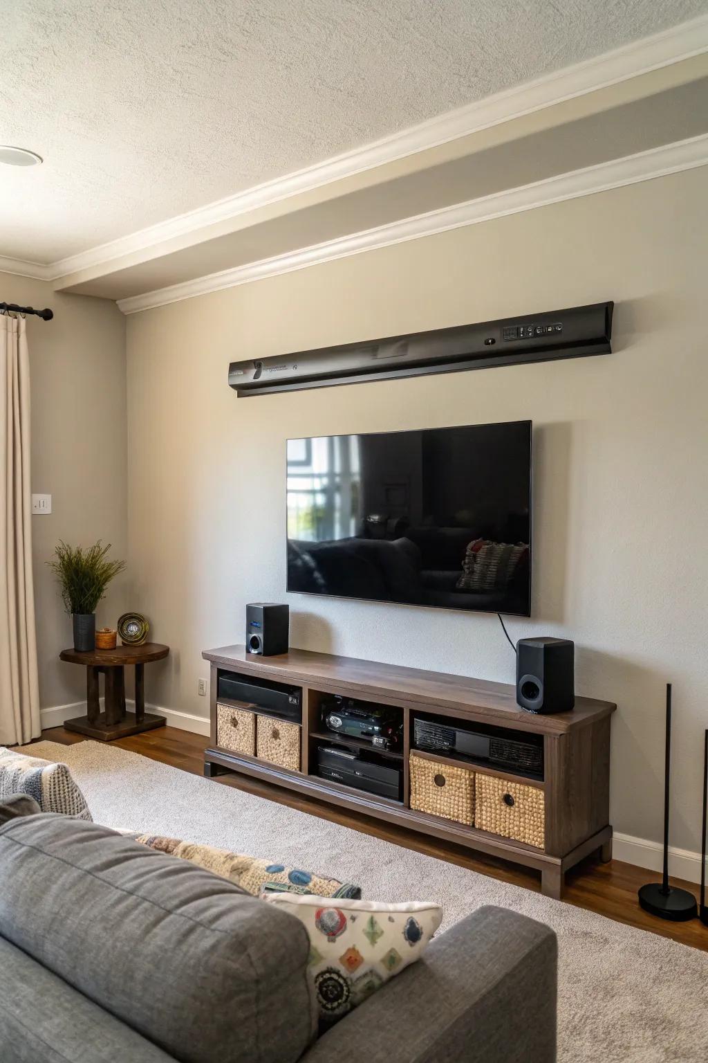 The classic look of a soundbar positioned above a mounted TV