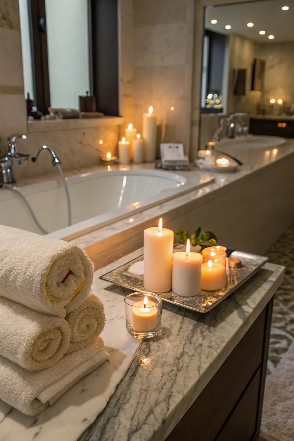 Transform your bathroom into a peaceful retreat with lights and delicate cloths.