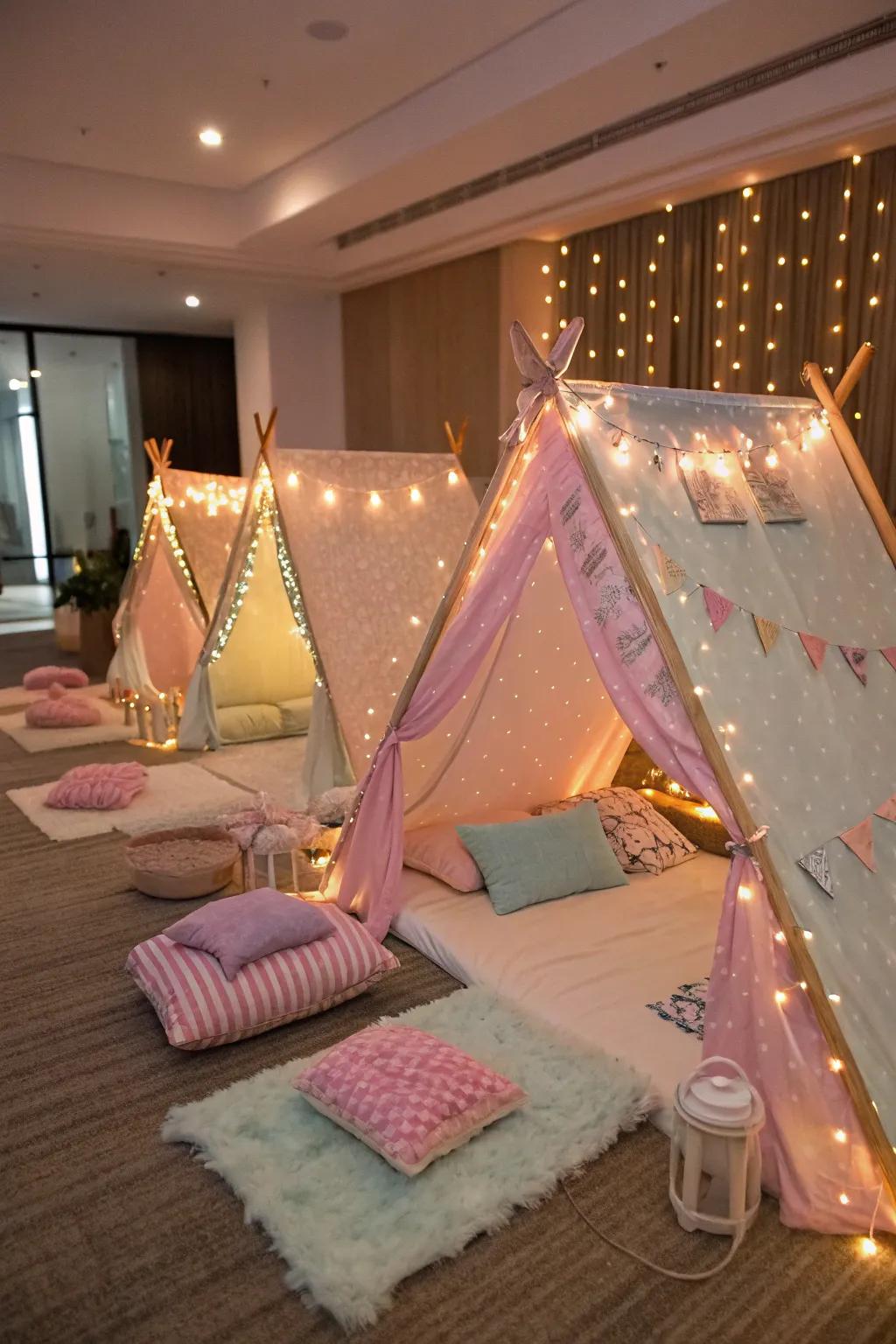 Comfortable spa tents aglow with twinkling lights create an enchanting sleepover ambiance.
