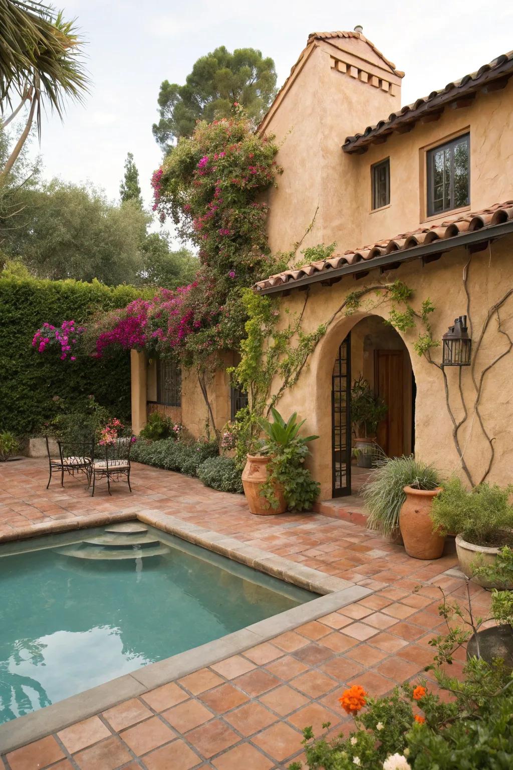 Stucco walls and terracotta tiles beautifully frame this Spanish-inspired pool area.