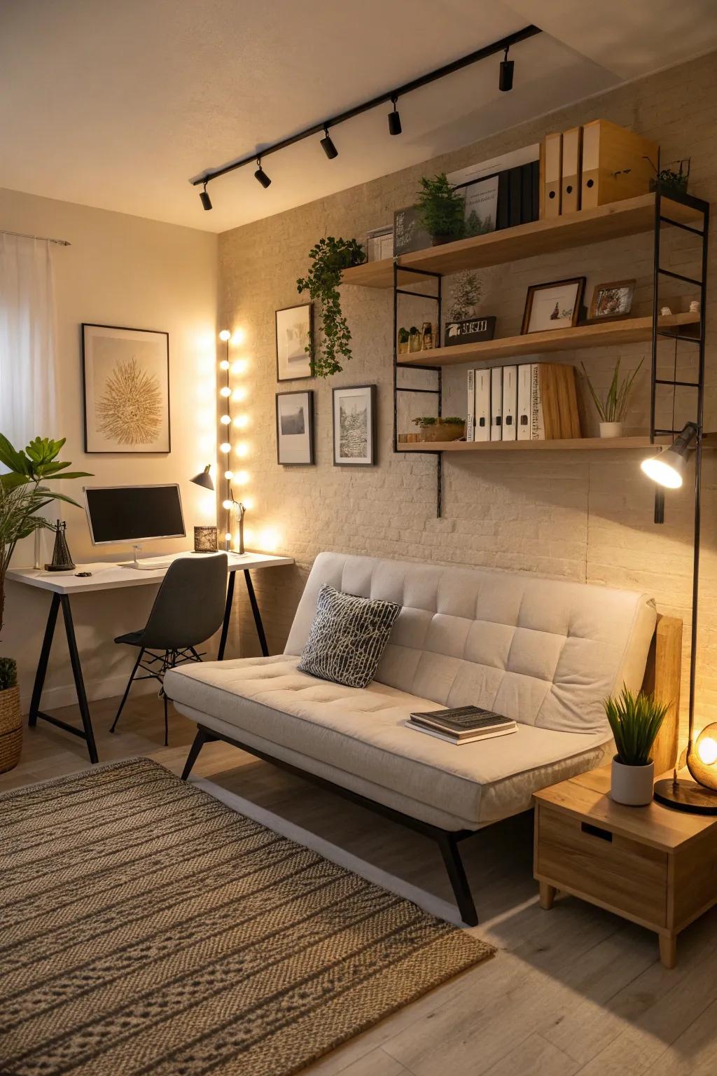 A stylish sleeper couch effortlessly merges office and guest space.