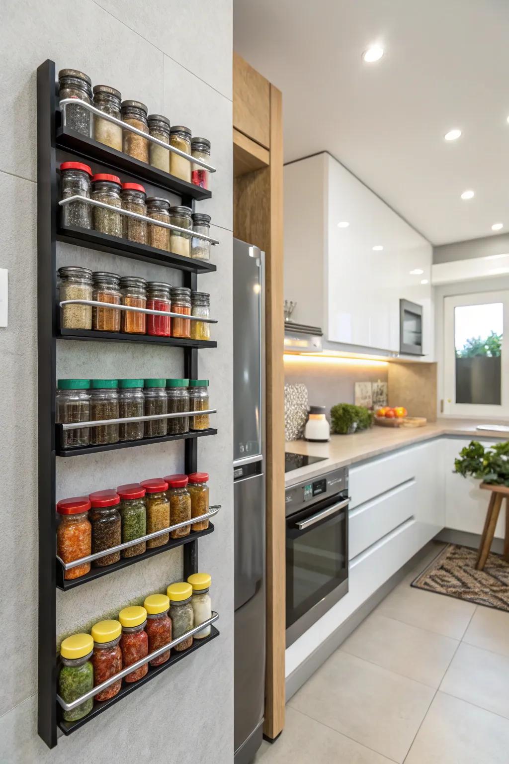 A modern cooking area showcasing a wall-mounted spice solution that saves space.