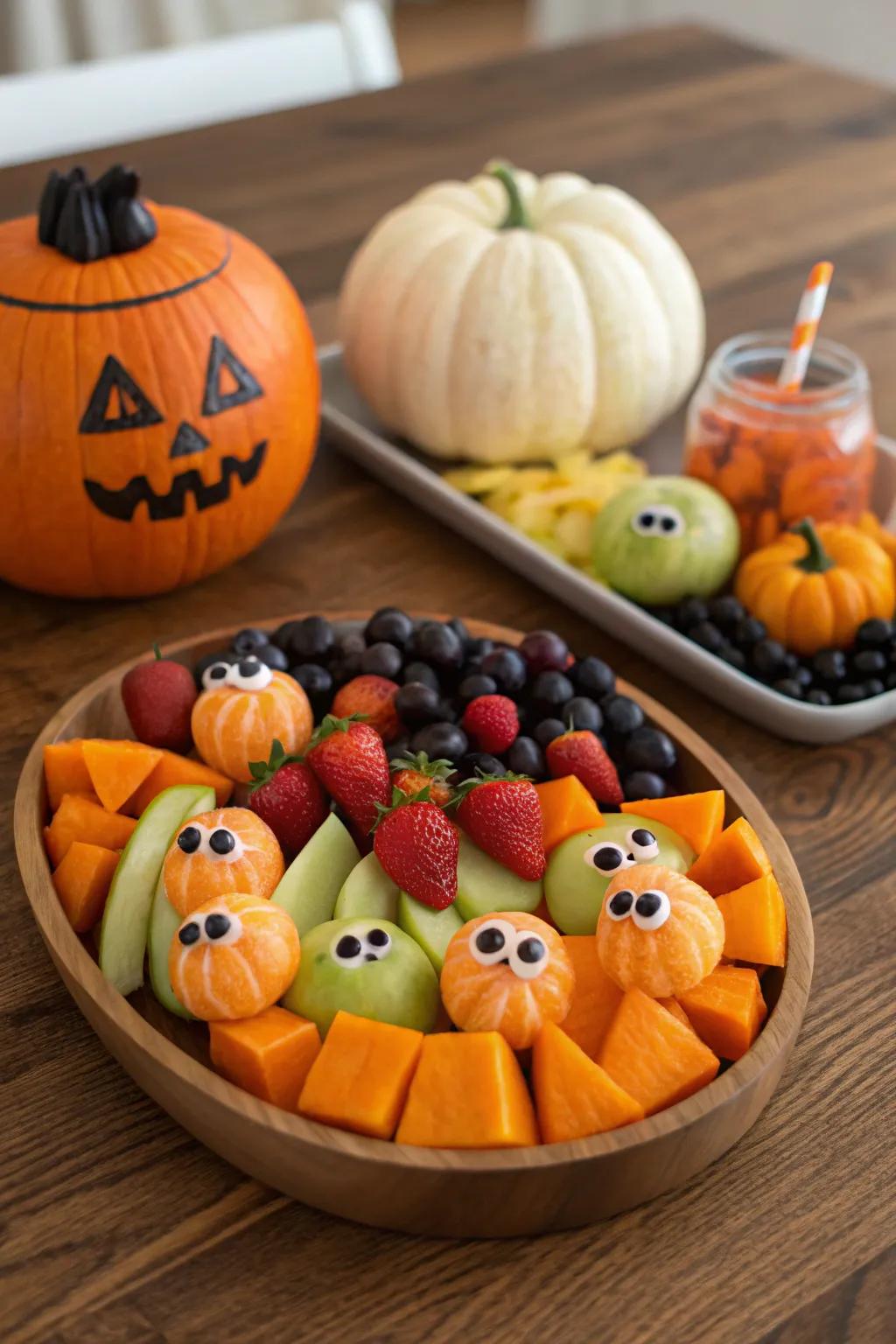 A captivating Halloween fruit array that balances spookiness with deliciousness.
