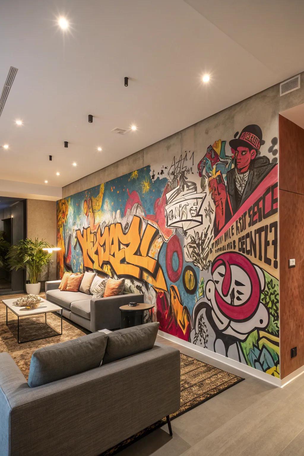 A graffiti-themed wall adds urban appeal to your living space.