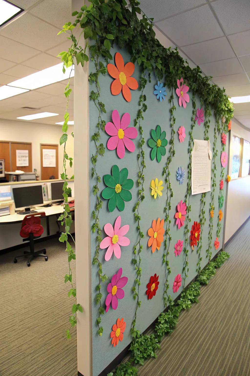 An office pinboard flourishing with vivid crafted petals and abundant foliage runners.