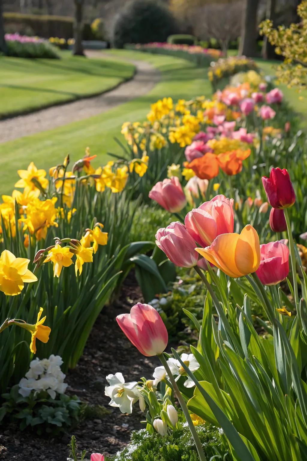 A colorful botanical display showcasing tulips and daffodils contributes an upbeat element to any garden.