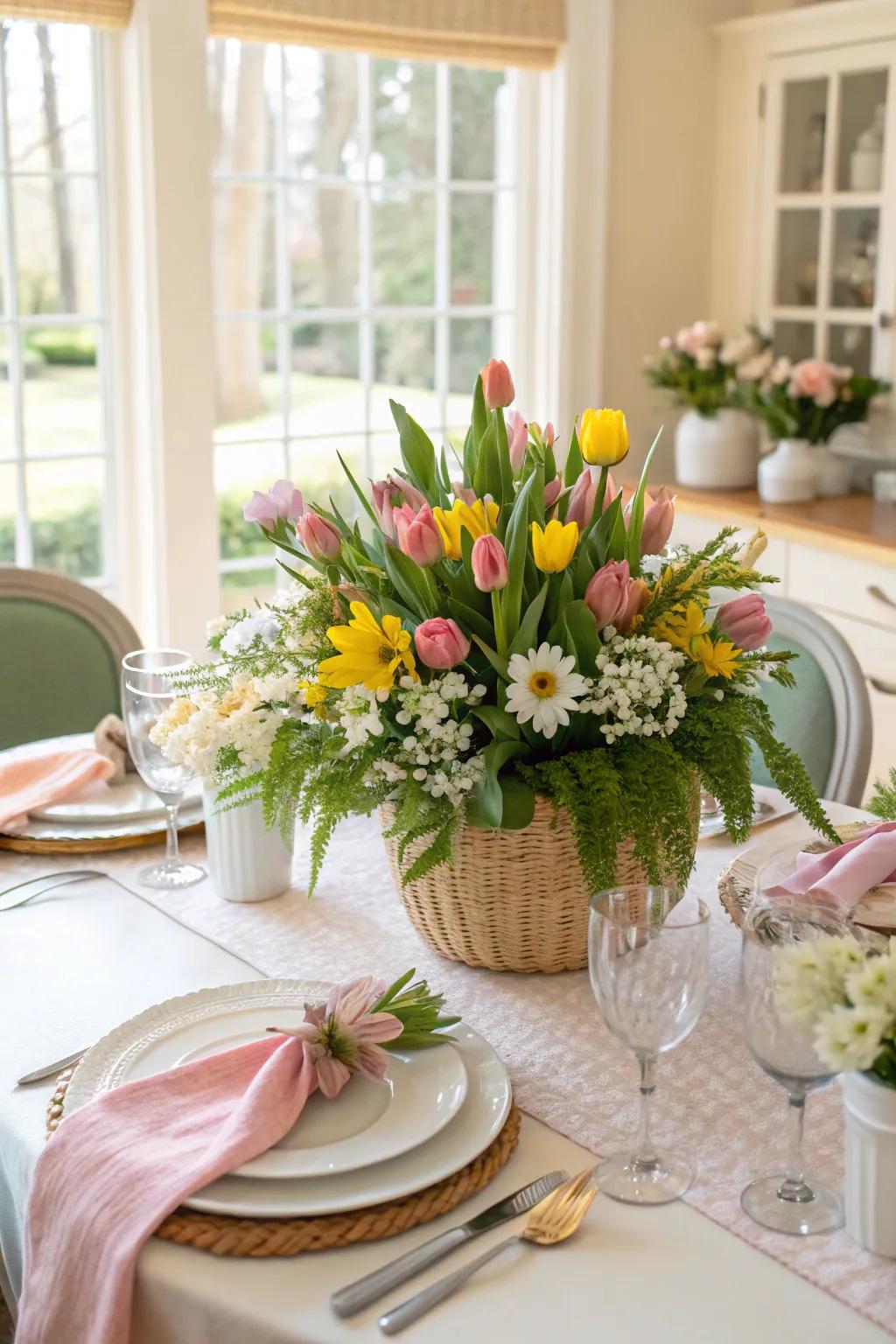 A lively floral centerpiece, the quintessential touch for springtime.
