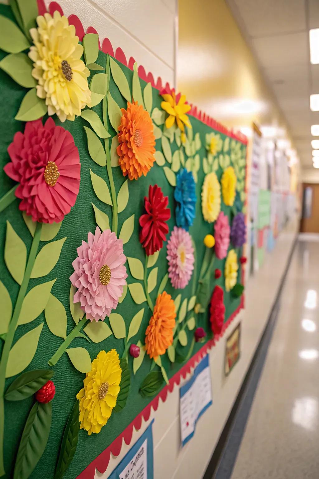 A notice board bursting with a lively spring-inspired floral arrangement.