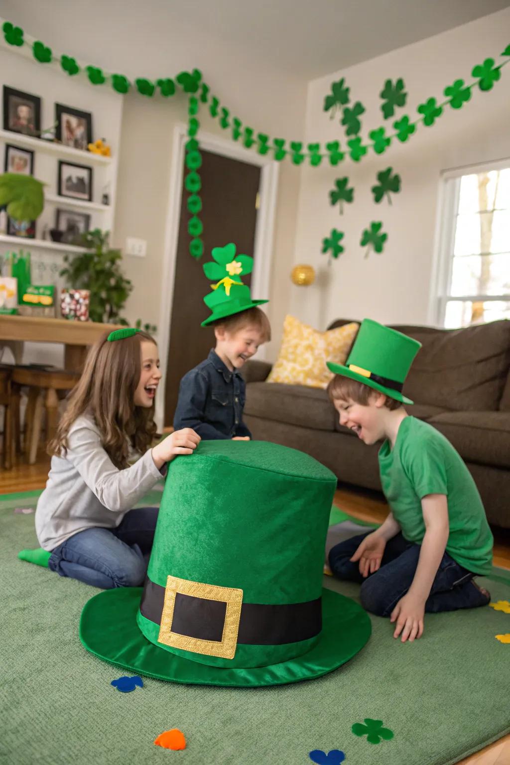 Children laughing with a giant shamrock topper in a festive room.