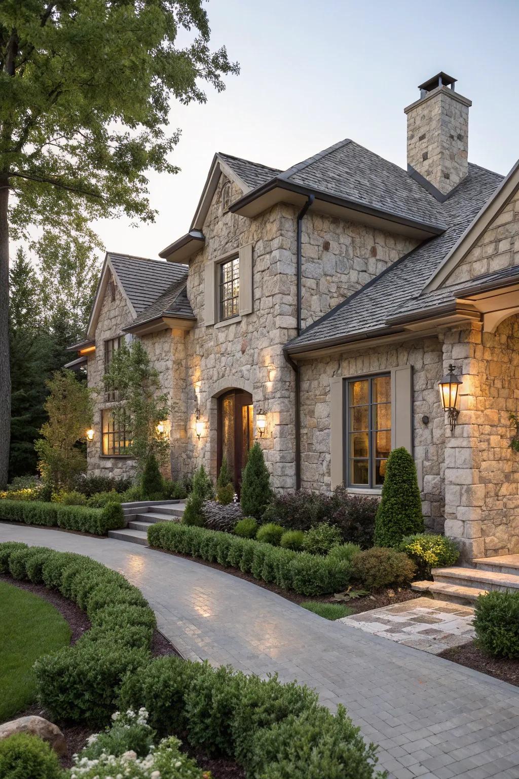 A dwelling converted into a sturdy stone stronghold using full-coverage stacked stone siding.