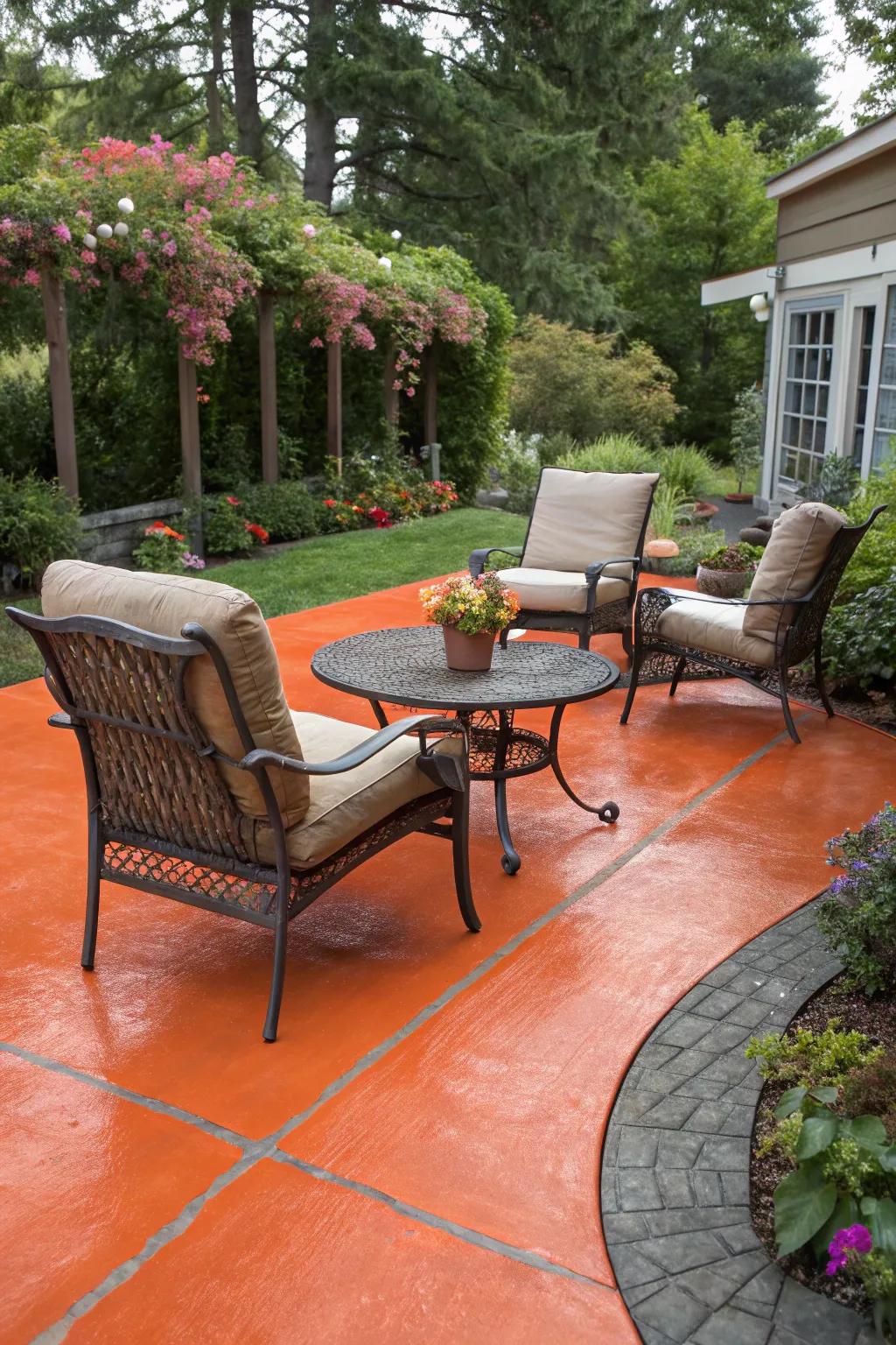 A vibrant orange-tinted patio that infuses a burst of color into open-air gatherings.