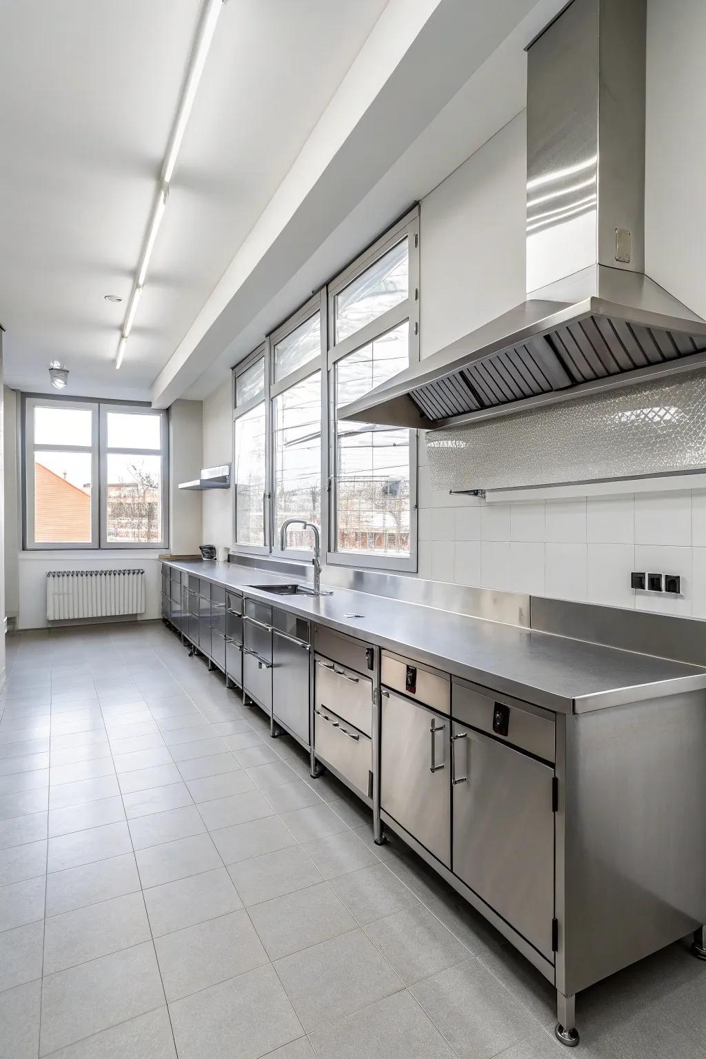A minimalist cooking area where steel planes mold the modern look.