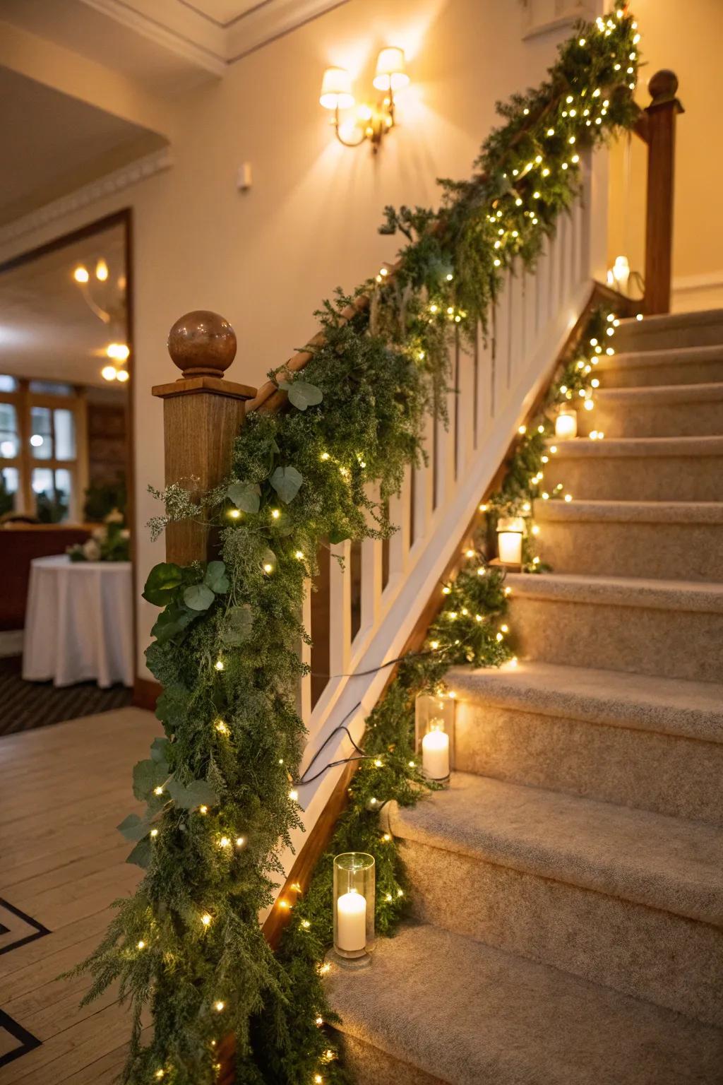 A staircase ornamented with a luxurious garland and luminous twinkling lights.