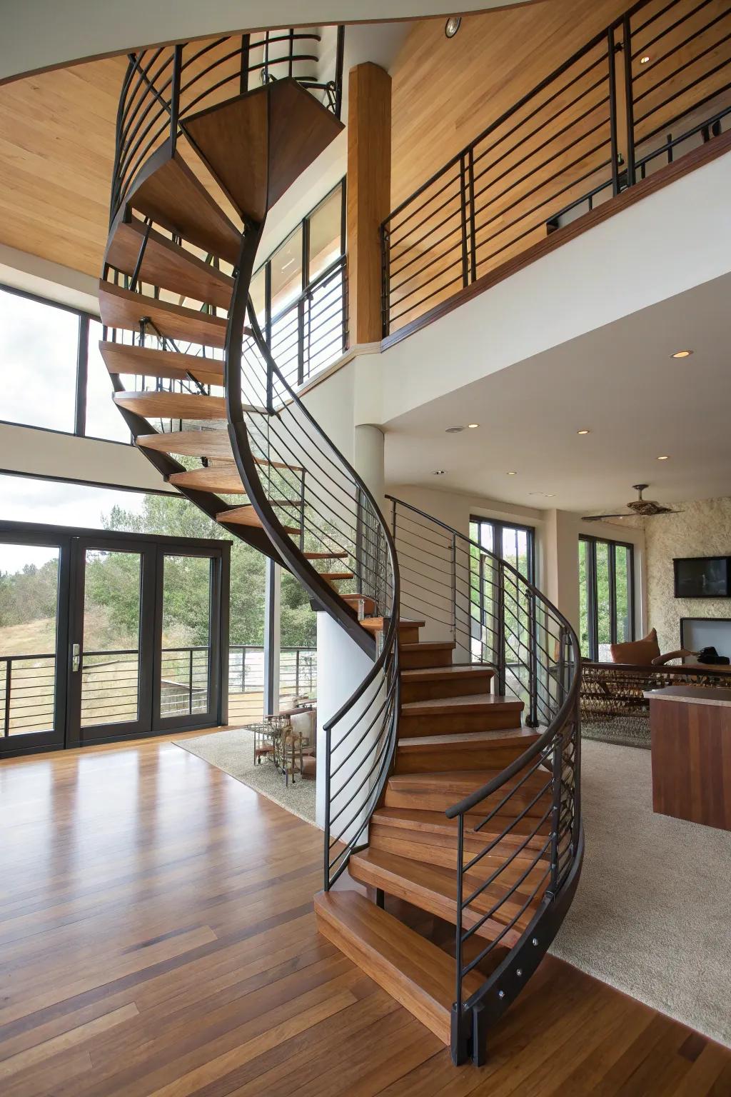 A striking spiral stairway stands as a remarkable architectural feature.