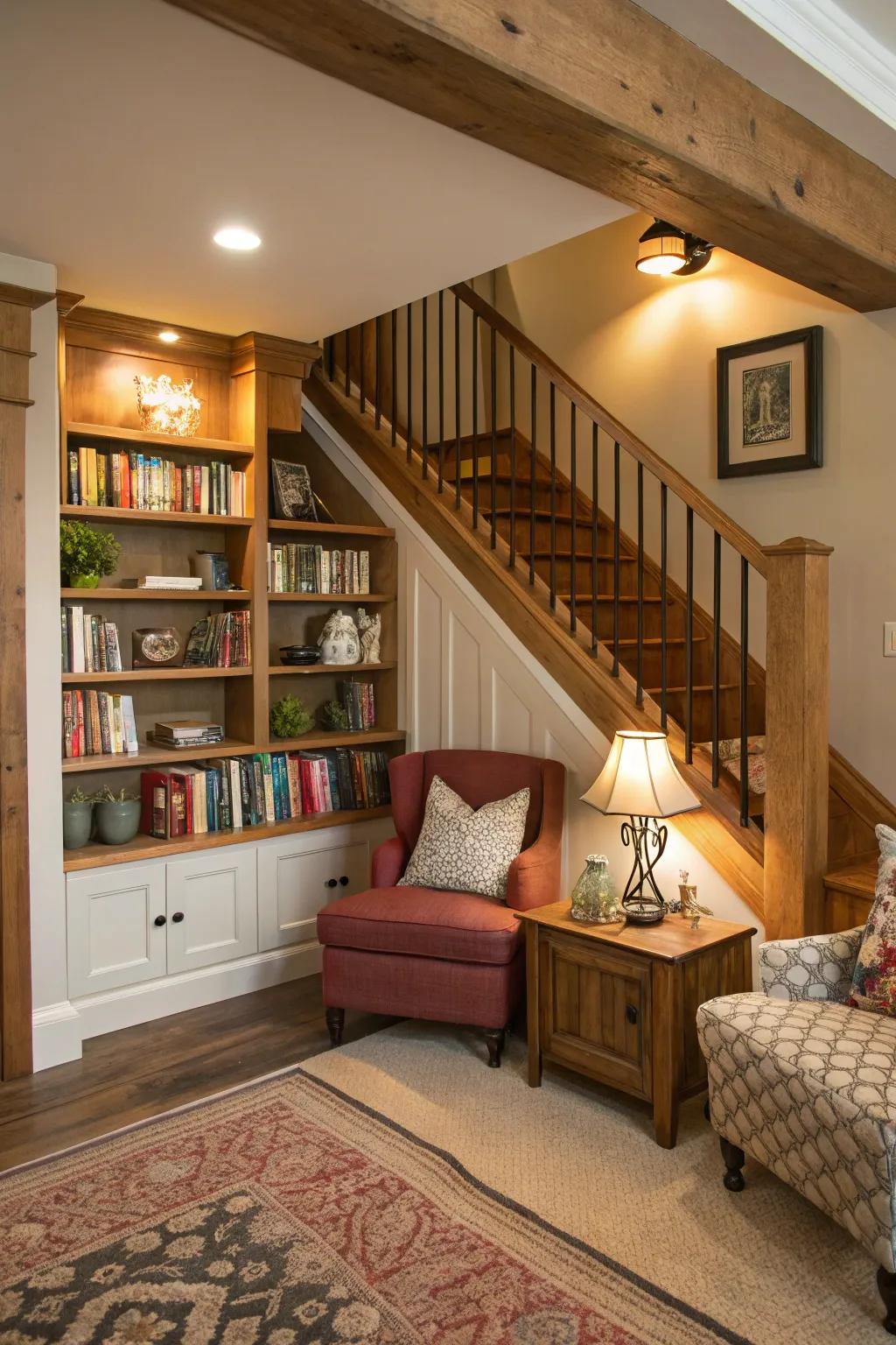 Craft a personal library beneath your stairs using bespoke bookshelves.