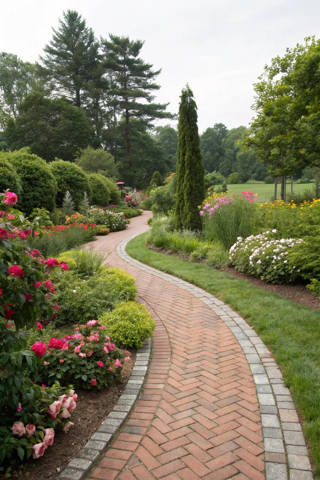 Enchanting garden walkway featuring a brick-inspired stamped concrete perimeter