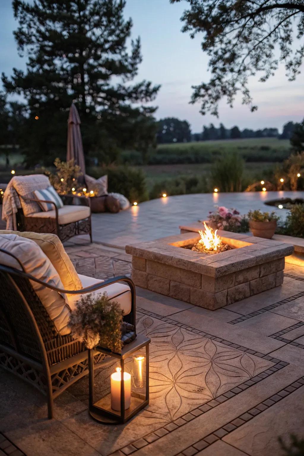 A welcoming stamped concrete patio enhanced with a radiant fire pit at its core.