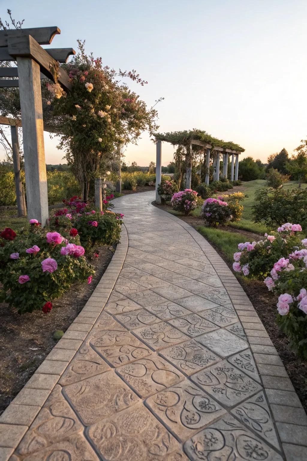 Embrace the eternal charm of stone through a <strong>stamped concrete walkway</strong>.” loading=”lazy” class=”pimg”>
	</picture><figcaption>Embrace the eternal charm of stone through a <strong>stamped concrete walkway</strong>.</figcaption></figure>
<p>There’s an enduring allure to the appearance of genuine stone, and <strong>stamped concrete</strong> mirrors this beautifully. I’ve discovered that using a stone design introduces an air of sophistication, making every stroll feel like a walk through a classic estate.</p>
<h3>Some handy options:</h3>
<ul class=