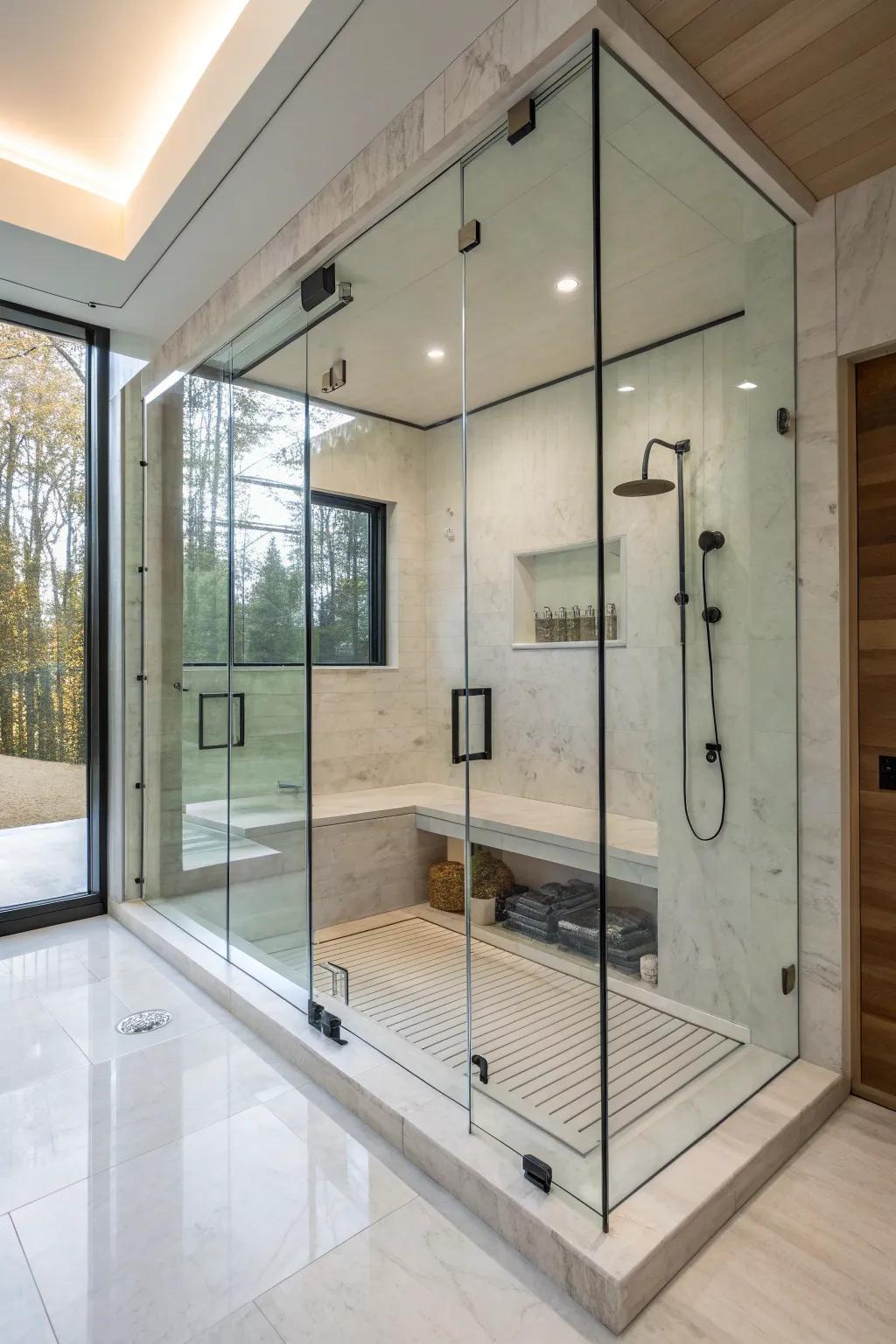 A modern steam enclosure featuring minimalist design components.