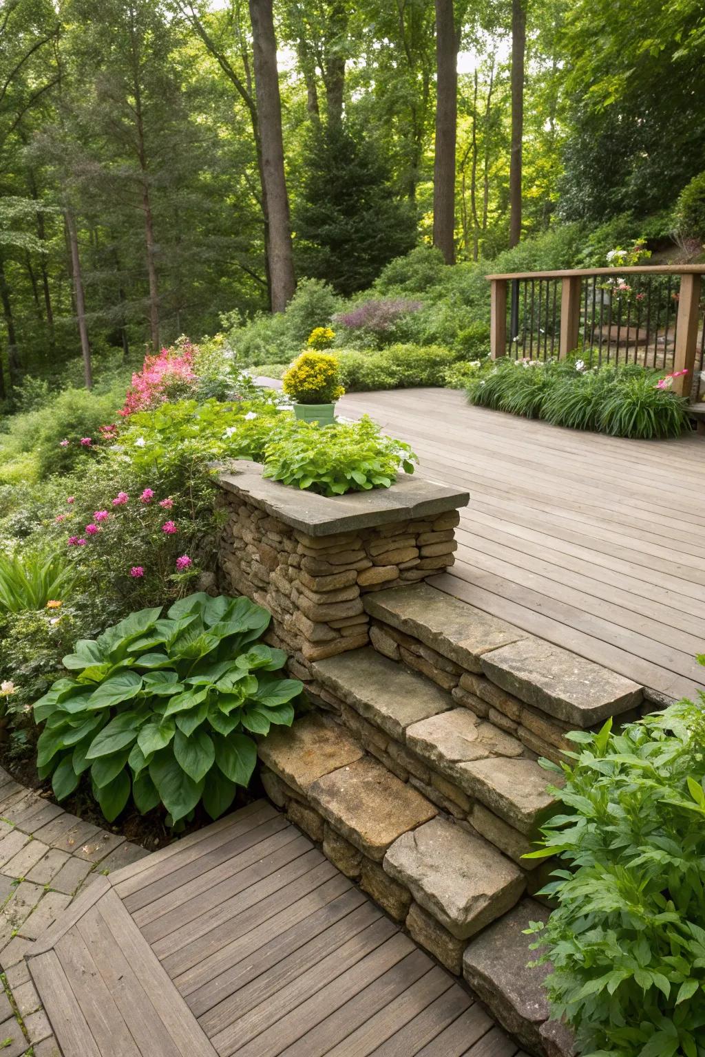 A deck brought to life with traditional stacked stone skirting, harmonizing beautifully with the surrounding greenery.