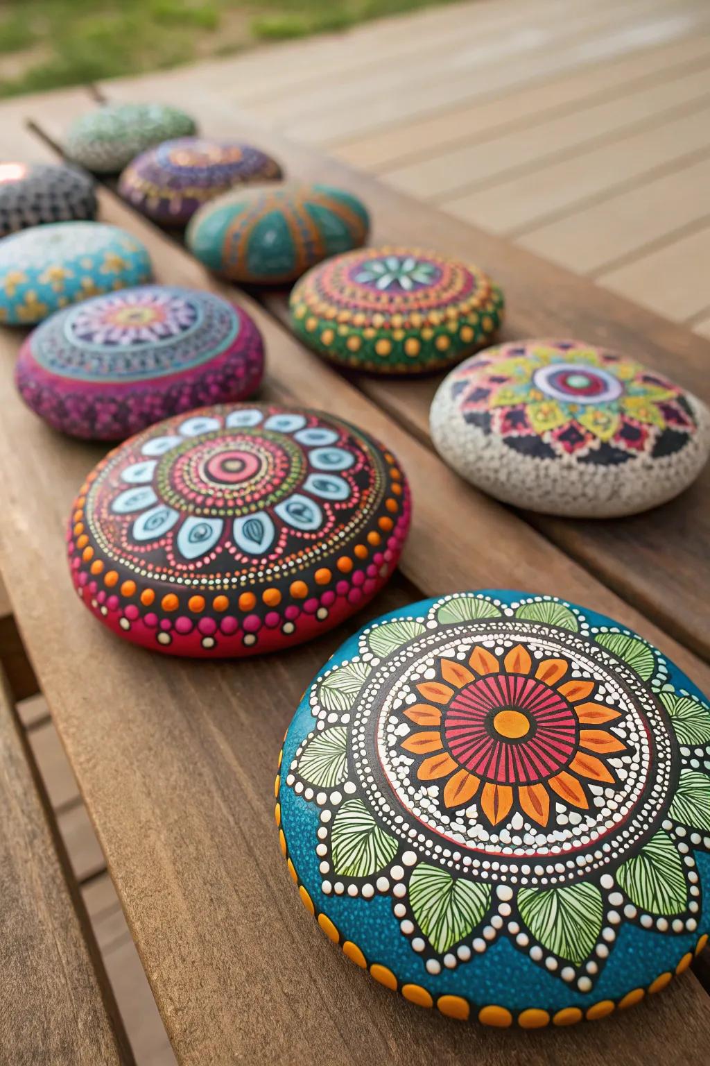 Bright mandala-painted stones bringing a burst of color.