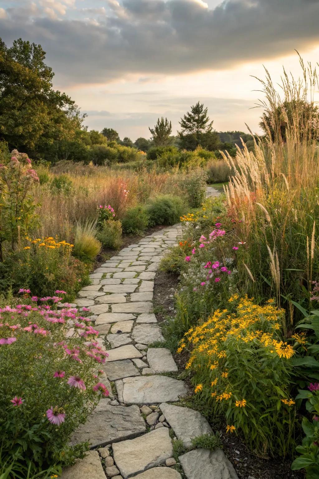 A country-style slate path introduces natural charm to any outdoor setting.