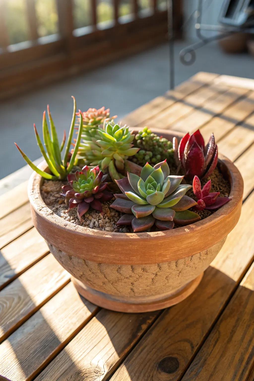 An ageless earthenware container filled with a rich assortment of succulents.