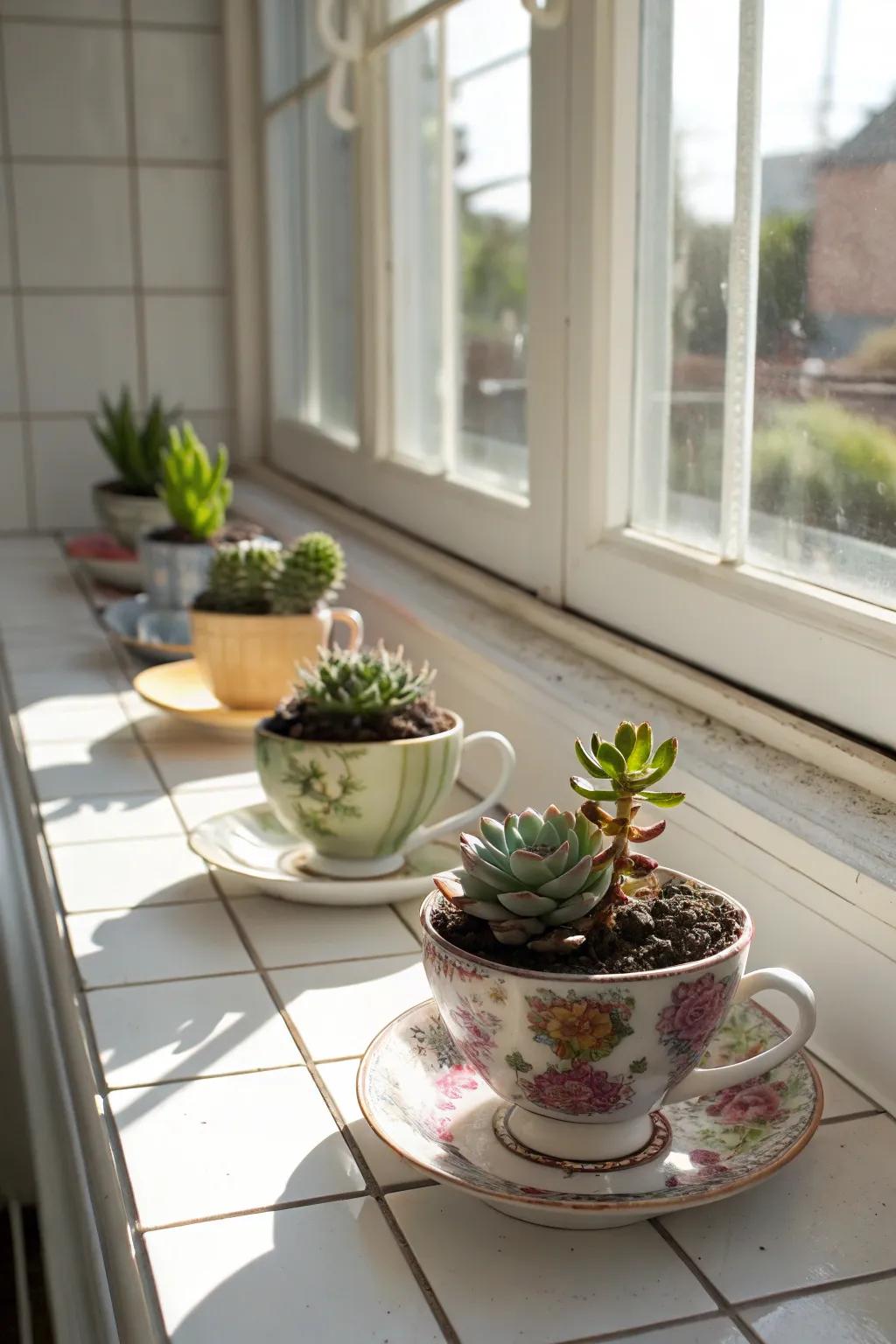 Lovely vintage teacup planters infuse elegance into any nook.