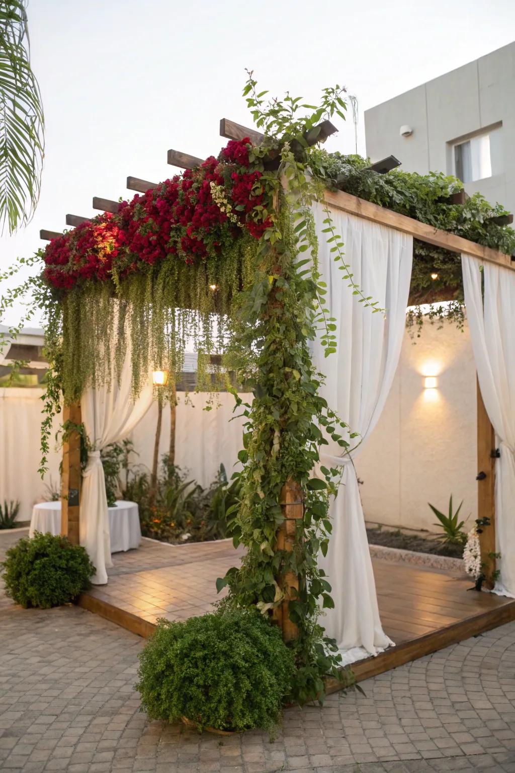 A sukkah enhanced with rich vegetation and flowing vines, developing a tranquil setting.