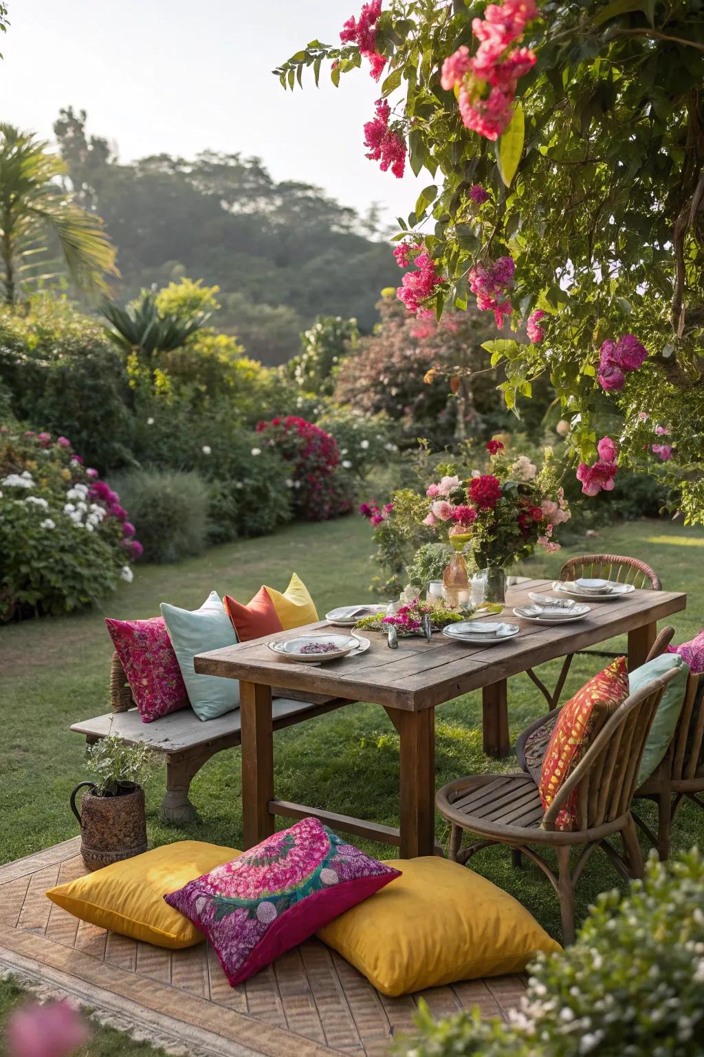 Eat among the blossoms with a lovely garden dining arrangement.