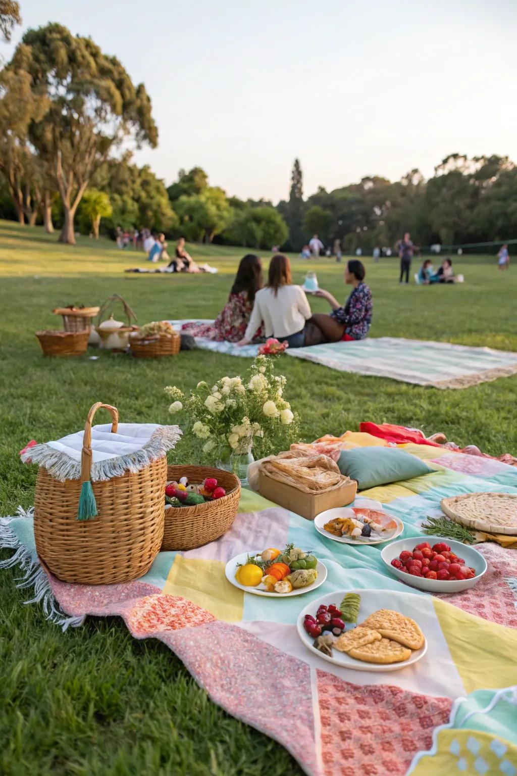 A tranquil picnic in the park fosters a relaxed, celebratory ambiance.