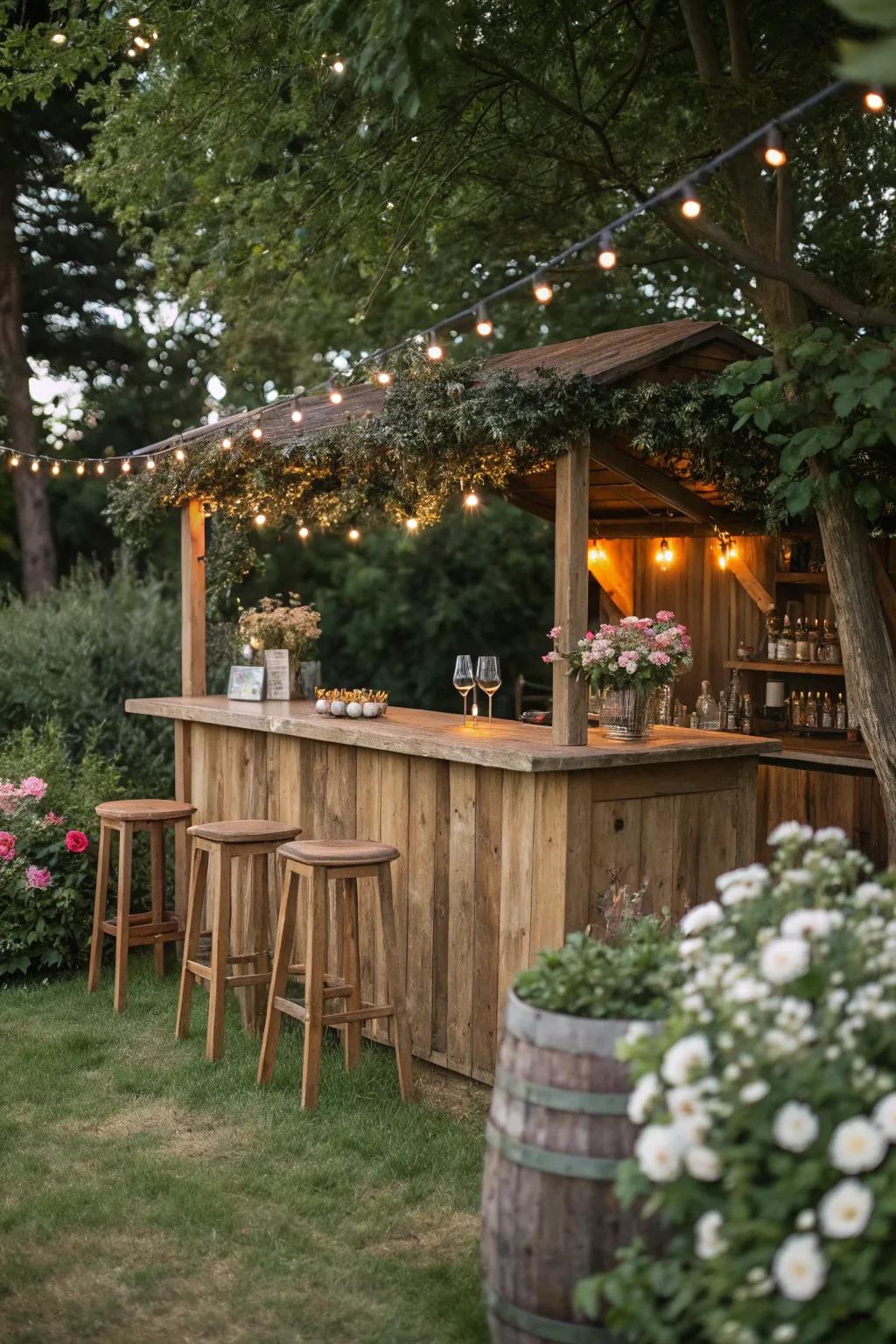 A country-style wood bar brightened by fairy lights creates an inviting and cozy ambiance.
