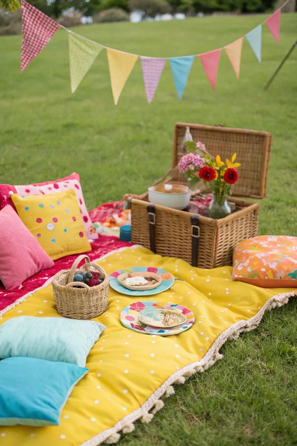 A picnic scene overflowing with lively colors and inviting seating