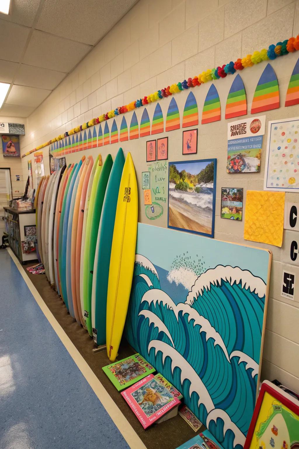 Surfboard-themed bulletin board infusing beach vibes into the classroom.