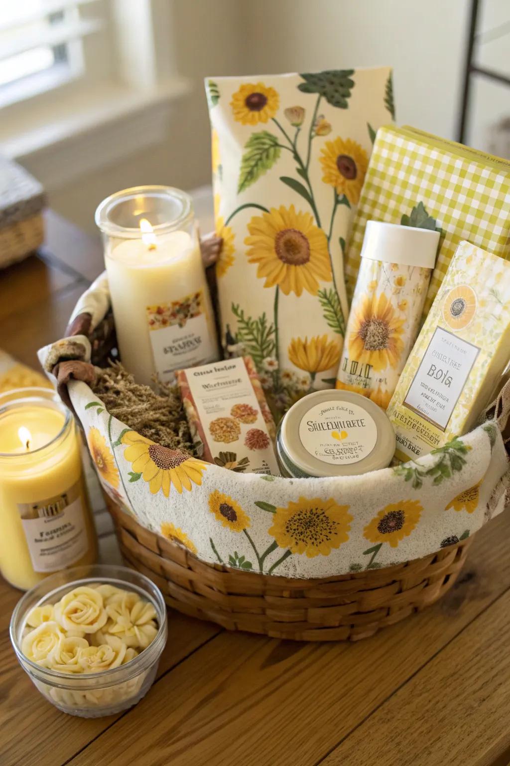 Sunny bloom gift basket filled with lovely items.