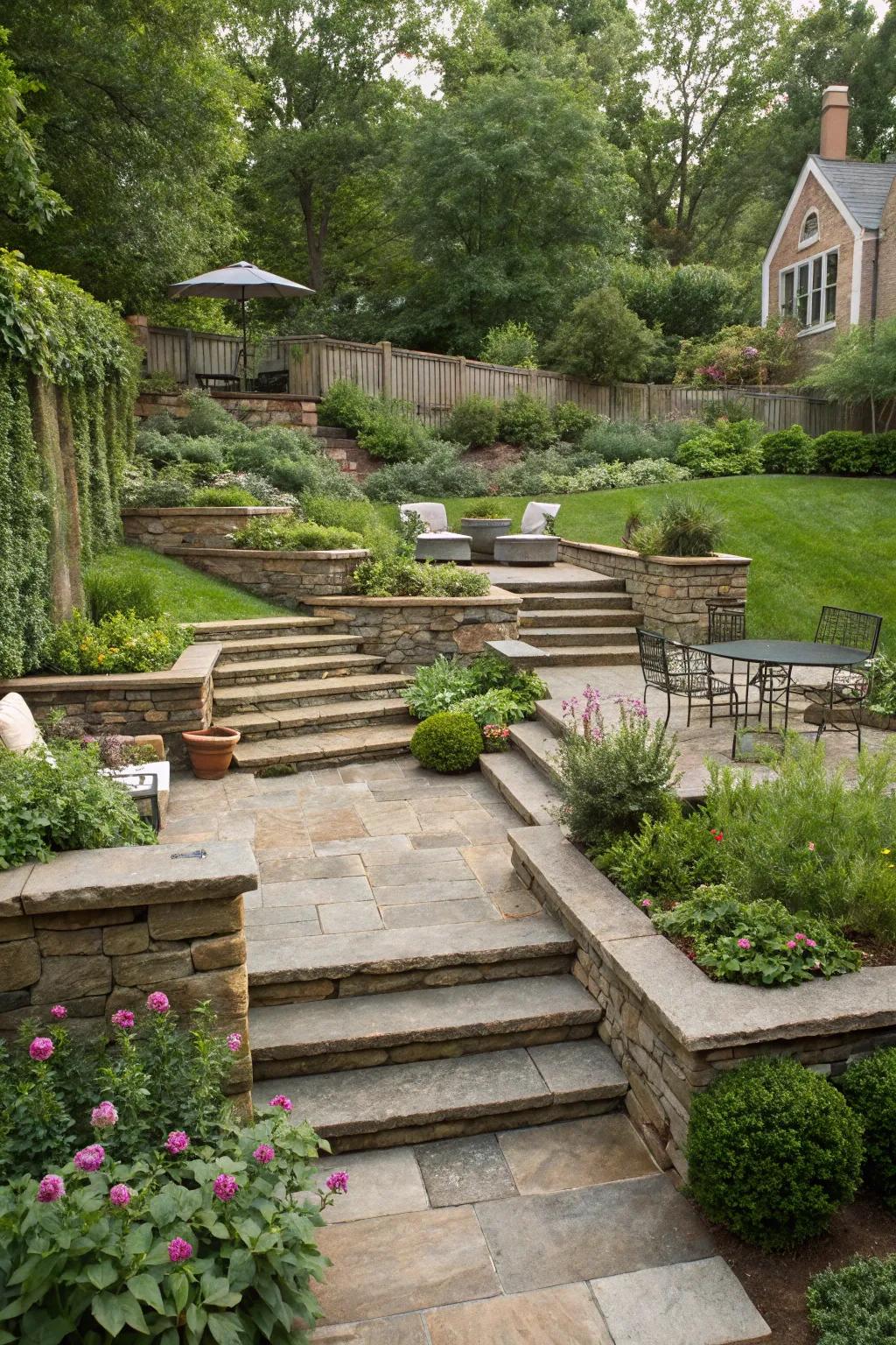A tiered sunken garden featuring welcoming steps and foliage.