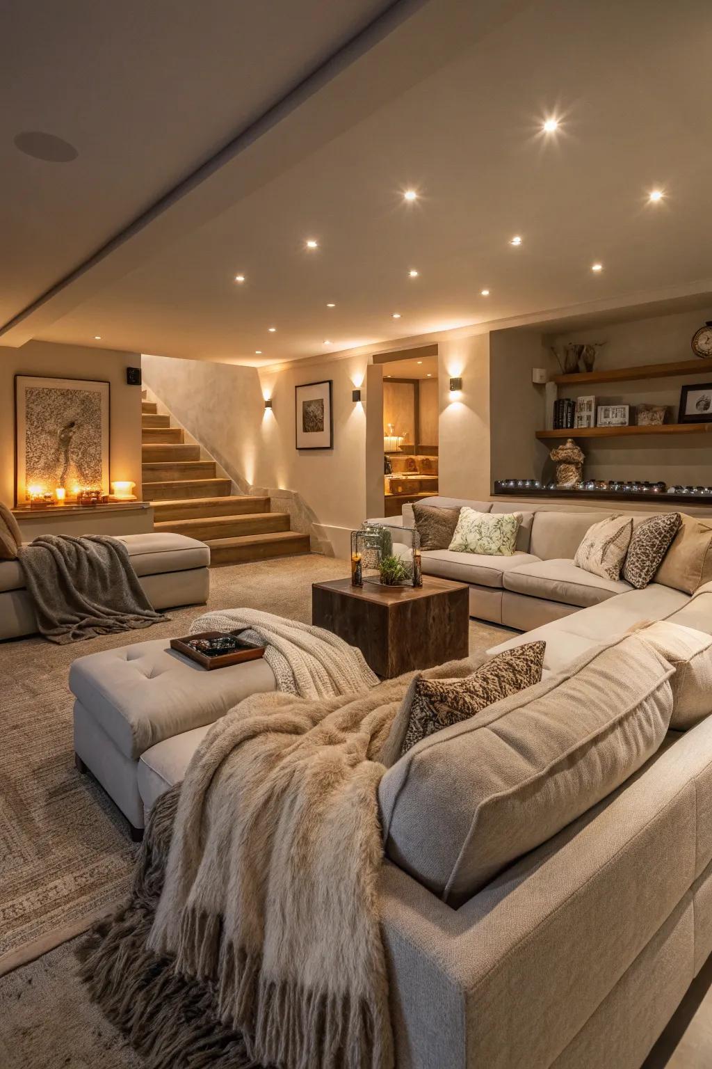 A sunken living room with plush sofas and soft throws.